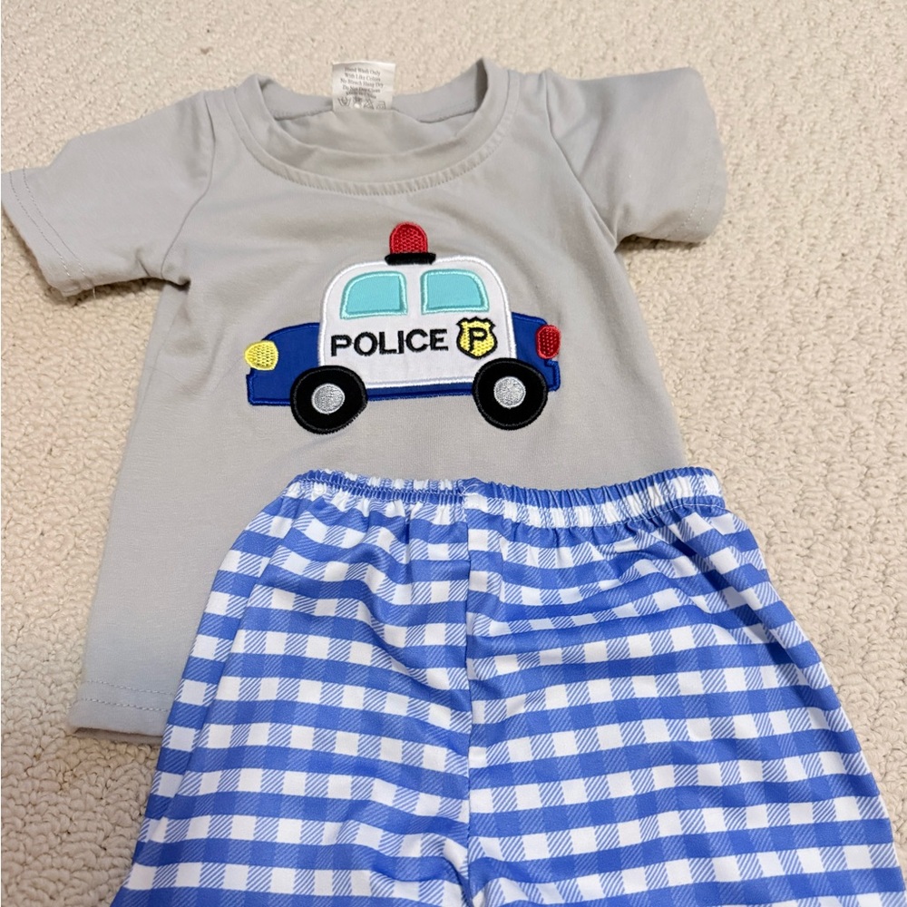 Gray Police Car T-Shirt and Blue Checkered Shorts Set